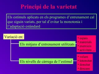 Principi de la varietat
 Els estímuls aplicats en els programes d’entrenament cal
 que siguin variats, per tal d’evitar la monotonia i
 l’adaptació estàndard

Variació en:                                  • espais
                                              • materials
         Els mitjans d’entrenament utilitzats • exercicis
                                              • activitats ...

                                                 • volum
         Els nivells de càrrega de l’estímul     • intensitat
                                                 • densitat
                                                 • descans
 