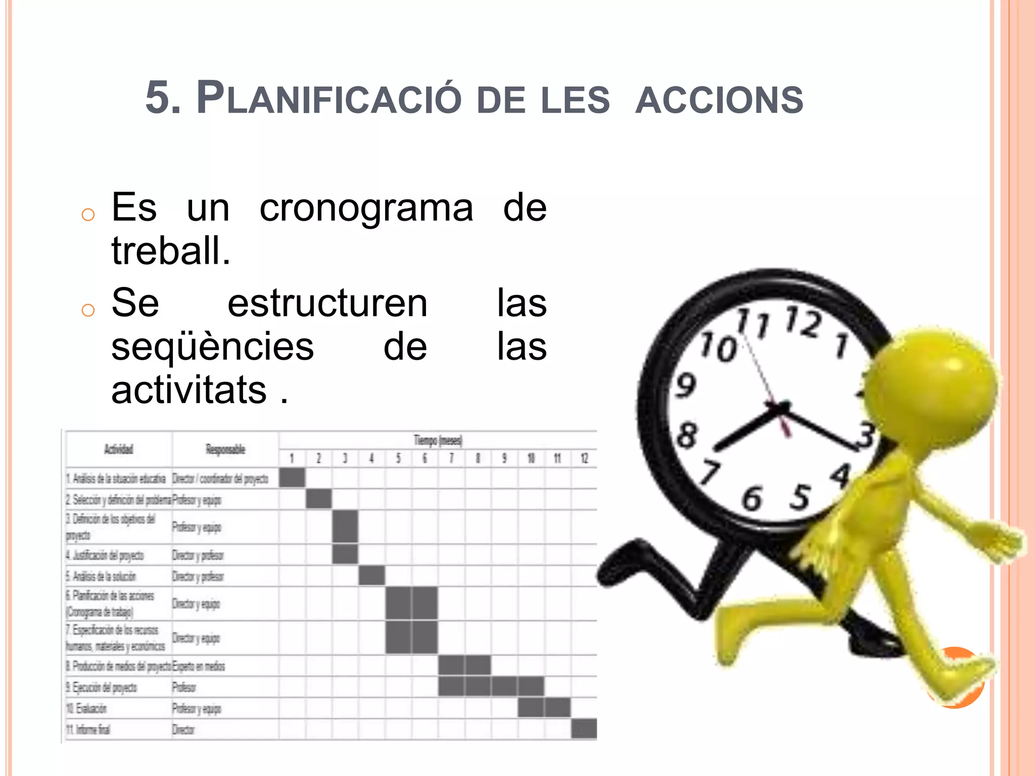 5. PLANIFICACIÓ DE LES ACCIONS
o Es un cronograma de
treball.
o Se estructuren las
seqüències de las
activitats .
 
