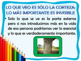 LO QUE VEO ES SÓLO LA CORTEZA; LO MÁS IMPORTANTE ES INVISIBLESolo lo que se ve es la parte externa pero si nos introducimos más en la vida de esa persona podríamos ver lo esencial y lo que es verdaderamente importante. 