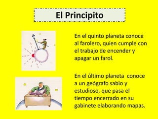 En el quinto planeta conoce
al farolero, quien cumple con
el trabajo de encender y
apagar un farol.
En el último planeta conoce
a un geógrafo sabio y
estudioso, que pasa el
tiempo encerrado en su
gabinete elaborando mapas.
El Principito
 