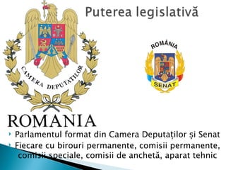    Parlamentul format din Camera Deputaților și Senat
   Fiecare cu birouri permanente, comisii permanente,
     comisii speciale, comisii de anchetă, aparat tehnic
 
