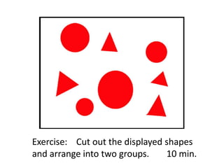 Exercise: Cut out the displayed shapes
and arrange into two groups.
10 min.

 