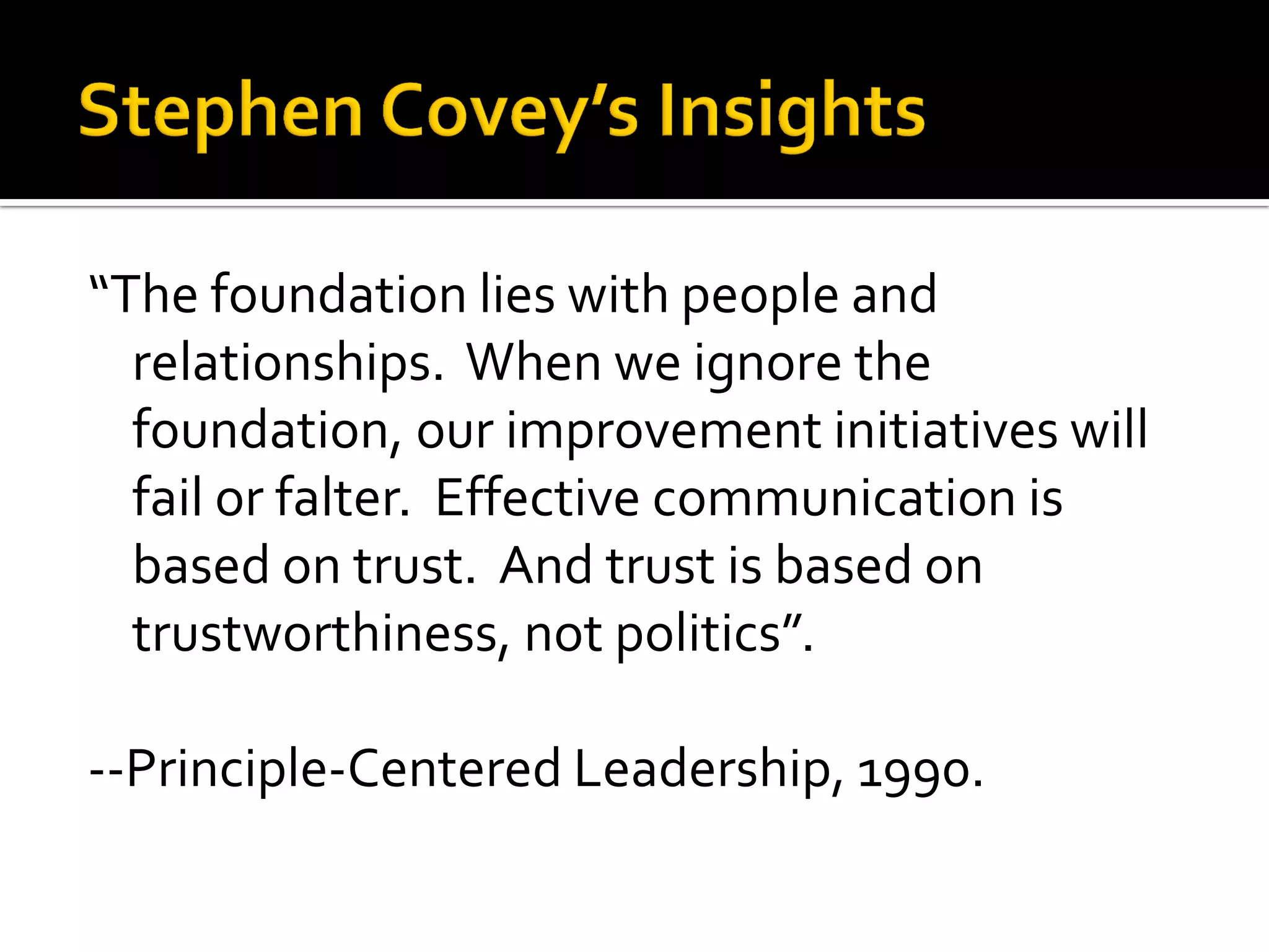 “The foundation lies with people and relationships. When we ignore the foundation, our improvement initiatives will fail or falter. Effective communication is based on trust. And trust is based on trustworthiness, not politics”. 
--Principle-Centered Leadership, 1990.  