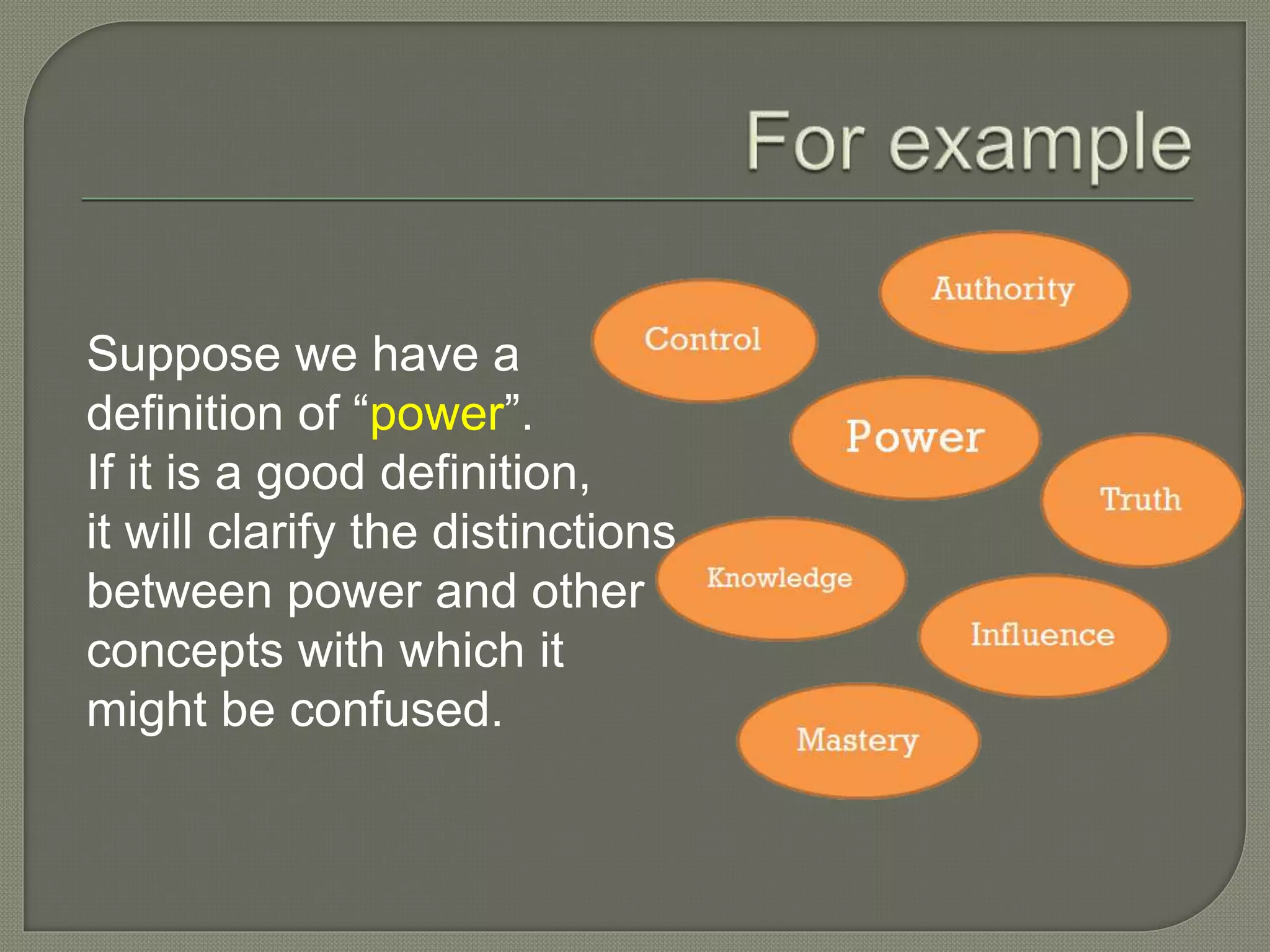 Suppose we have a
definition of “power”.
If it is a good definition,
it will clarify the distinctions
between power and other
concepts with which it
might be confused.
 