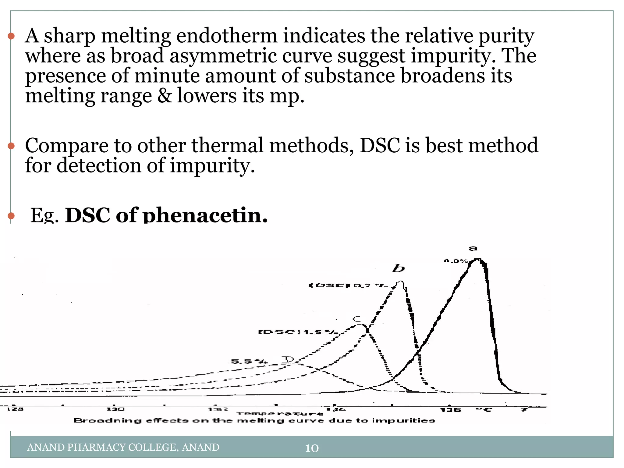  A sharp melting endotherm indicates the relative purity
  where as broad asymmetric curve suggest impurity. The
  presence of minute amount of substance broadens its
  melting range & lowers its mp.

 Compare to other thermal methods, DSC is best method
  for detection of impurity.

 Eg. DSC of phenacetin.





  ANAND PHARMACY COLLEGE, ANAND   10
 