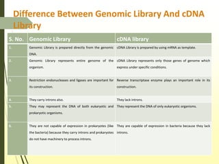 Difference Between Genomic Library And cDNA
Library
S. No. Genomic Library cDNA library
1. Genomic Library is prepared directly from the genomic
DNA.
cDNA Library is prepared by using mRNA as template.
2. Genomic Library represents entire genome of the
organism.
cDNA Library represents only those genes of genome which
express under specific conditions.
3. Restriction endonucleases and ligases are important for
its construction.
Reverse transcriptase enzyme plays an important role in its
construction.
4. They carry introns also. They lack introns.
5. They may represent the DNA of both eukaryotic and
prokaryotic organisms.
They represent the DNA of only eukaryotic organisms.
6. They are not capable of expression in prokaryotes (like
the bacteria) because they carry introns and prokaryotes
do not have machinery to process introns.
They are capable of expression in bacteria because they lack
introns.
 