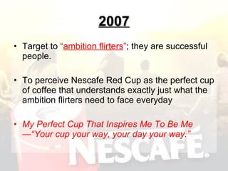 2007 T arget to  “ a mbition flirters ” ; they are successful people.  To perceive  Nescafe Red Cup  as the  perfect cup of coffee that understands exactly just what the ambition flirters need to face everyday My Perfect Cup That Inspires Me To Be Me—“Your cup your way, your day your way.” 