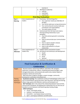 maintain it. 
                                                6. 360 Degree Leadership  
                                                    Lead Up  
                                                    Lead Down  
                                                    Lead Across  
                                      First Day Evaluation 
Day 2 –       Core competencies of              7. Prioritizing – DO first things first  
Morning       leaders                                Your supervisor needs your BoB (Best of 
                                                         the Best.   
                                                     Your family needs your caring and presence 
                                                     Your community and country needs your 
                                                         contribution and responsibilities.   
                                                     You need a peace of mind.  
                                                8. Communicate from the heart and create a 
                                                    winning working relationship in your 
                                                    workplace.   
                                                     How find common ground in connecting 
                                                         people  
                                                     How to communicate your communication 
                                                         simple  
                                                     How to capture people’s interest  
                                                     How to inspire people  
                                                     How to stay authentic in all your 
                                                         relationship  
Day 2 –       Core competencies of              9. Problem Solvers and Solution Finders  
Afternoon     leaders Plus                      10. Life balance and continuous self‐development  
                                                     Health  
                                                     Mental  
                                                     Social  
                                                     Spiritual  
                                                11. Gratitude is the attitude of a true leader.   
                                                      
                    Final Evaluation & Certification &  
                              Celebration   
Targets       ‐ Business owners, Government Officers, executives, HR, managers, 
              supervisors, professionals, officers, marketing executives/managers, sales 
              managers/executives, and everyone who wants to be a better leader at 
              workplace, family and community.  
              ‐ NGO executives, program managers, project manager, community 
              development coordinator & facilitators etc.  
Training      ‐ Accelerate Learning: This combined a variety of methodologies will be used 
Methods /     such as presentations, group discussion, peer discussion, learning and sharing, 
Techniques    videos, songs, games and reflection, exercise and homework, etc.  
              ‐ NLP Technique: NLP is the study of the relationship between how we think, 
              communicate and behave. By applying this relationship into our lives we can 
              transform current behaviors and help bring about lasting change.  
              ‐ VAKS Techniques:  
                   Visual : Learning by seeing  
                   Auditory : Learning by listening  
                   Kinesthetic : Learning by doing or practicing  
                   Spirit : Learning by meditation and affirmation  

              E‐mail:	info@pmlcambodia.com	Tel:	023	6364	966		Blog:			www.pisethleadership.com		
 