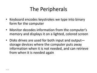 9-13
The Peripherals
• Keyboard encodes keystrokes we type into binary
form for the computer
• Monitor decodes information...