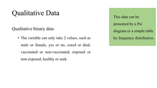 Qualitative Data
Qualitative binary data
• The variable can only take 2 values, such as
male or female, yes or no, cured or died,
vaccinated or non-vaccinated, exposed or
non-exposed, healthy or seek.
This data can be
presented by a Pie
diagram or a simple table
by frequency distribution.
 