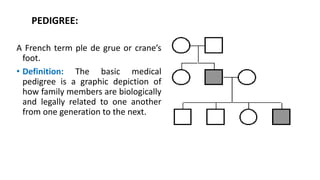 PEDIGREE:
A French term ple de grue or crane’s
foot.
• Definition: The basic medical
pedigree is a graphic depiction of
how family members are biologically
and legally related to one another
from one generation to the next.
 