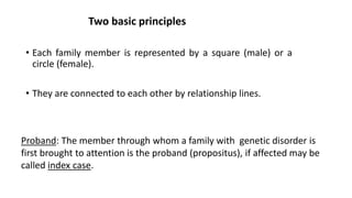 Two basic principles
• Each family member is represented by a square (male) or a
circle (female).
• They are connected to each other by relationship lines.
Proband: The member through whom a family with genetic disorder is
first brought to attention is the proband (propositus), if affected may be
called index case.
 