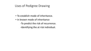 Uses of Pedigree Drawing
• To establish mode of inheritance.
• In known mode of inheritance
-To predict the risk of recurrence.
-Identifying the at risk individual.
 