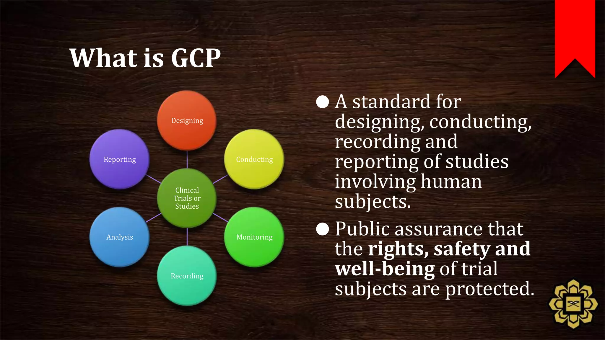 What is GCP
                                        A standard for
              Designing
                                         designing, conducting,
                                         recording and
  Reporting               Conducting
                                         reporting of studies
              Clinical
                                         involving human
              Trials or
              Studies                    subjects.
  Analysis                Monitoring
                                        Public assurance that
                                         the rights, safety and
              Recording                  well-being of trial
                                         subjects are protected.
 