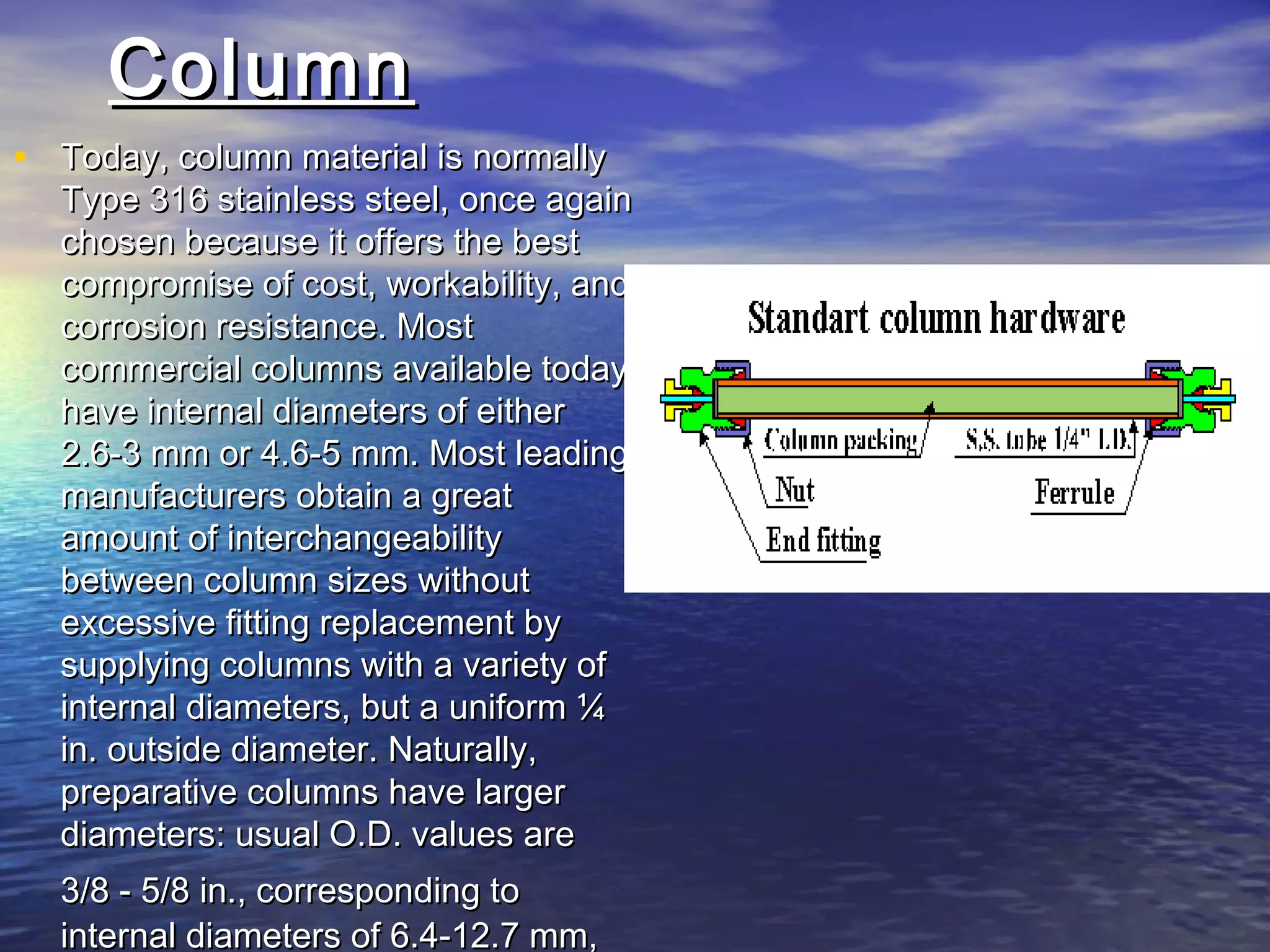 ColumnColumn
• Today, column material is normallyToday, column material is normally
Type 316 stainless steel, once againType 316 stainless steel, once again
chosen because it offers the bestchosen because it offers the best
compromise of cost, workability, andcompromise of cost, workability, and
corrosion resistance. Mostcorrosion resistance. Most
commercial columns available todaycommercial columns available today
have internal diameters of eitherhave internal diameters of either
2.6-3 mm or 4.6-5 mm. Most leading2.6-3 mm or 4.6-5 mm. Most leading
manufacturers obtain a greatmanufacturers obtain a great
amount of interchangeabilityamount of interchangeability
between column sizes withoutbetween column sizes without
excessive fitting replacement byexcessive fitting replacement by
supplying columns with a variety ofsupplying columns with a variety of
internal diameters, but a uniform ¼internal diameters, but a uniform ¼
in. outside diameter. Naturally,in. outside diameter. Naturally,
preparative columns have largerpreparative columns have larger
diameters: usual O.D. values arediameters: usual O.D. values are
3/8 - 5/8 in., corresponding to3/8 - 5/8 in., corresponding to
internal diameters of 6.4-12.7 mm,internal diameters of 6.4-12.7 mm,
 