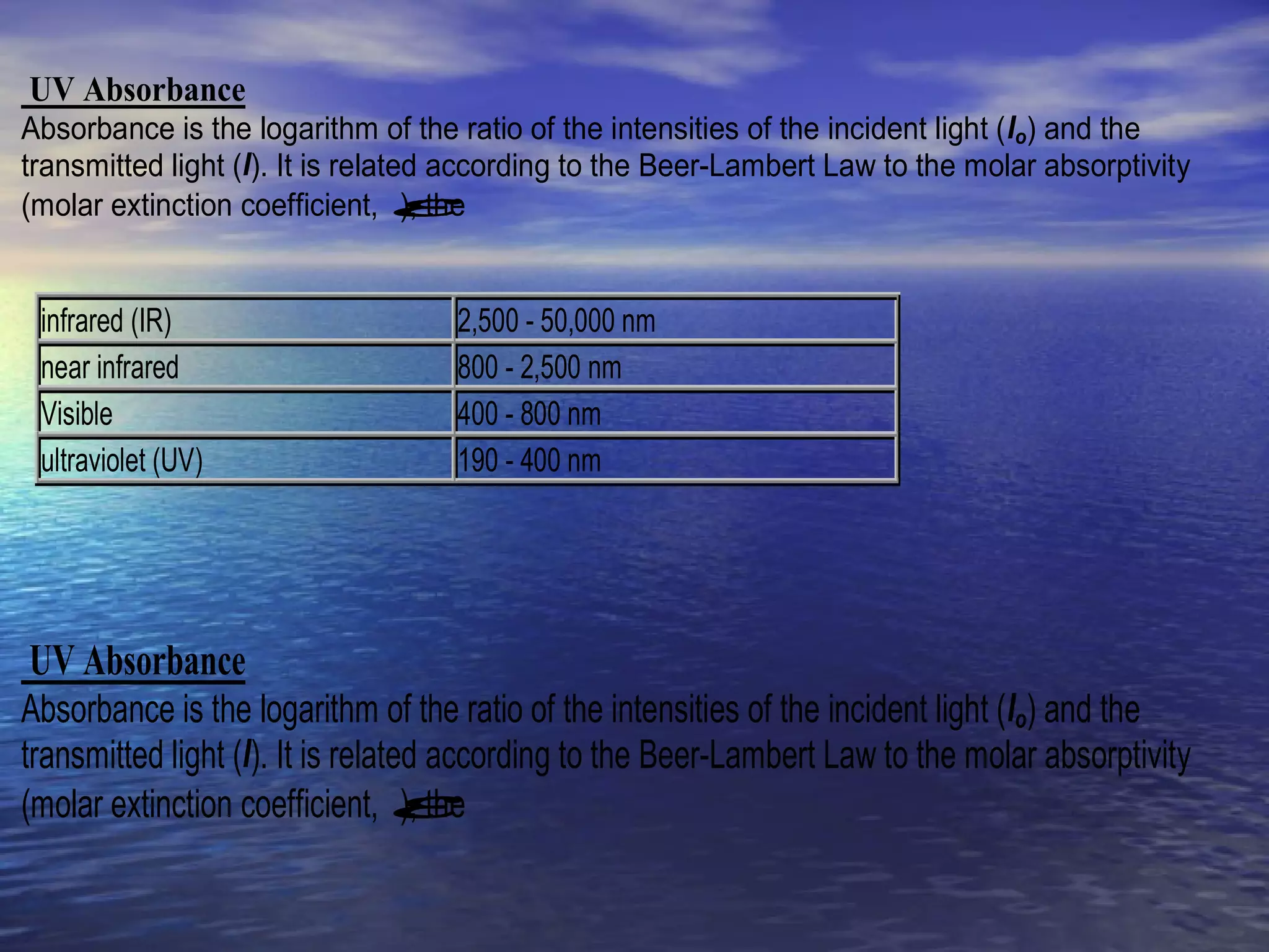 UV Absorbance
Absorbance is the logarithm of the ratio of the intensities of the incident light (Io) and the
transmitted light (I). It is related according to the Beer-Lambert Law to the molar absorptivity
(molar extinction coefficient, ε), the
infrared (IR) 2,500 - 50,000 nm
near infrared 800 - 2,500 nm
Visible 400 - 800 nm
ultraviolet (UV) 190 - 400 nm
UV Absorbance
Absorbance is the logarithm of the ratio of the intensities of the incident light (Io) and the
transmitted light (I). It is related according to the Beer-Lambert Law to the molar absorptivity
(molar extinction coefficient, ε), the
 