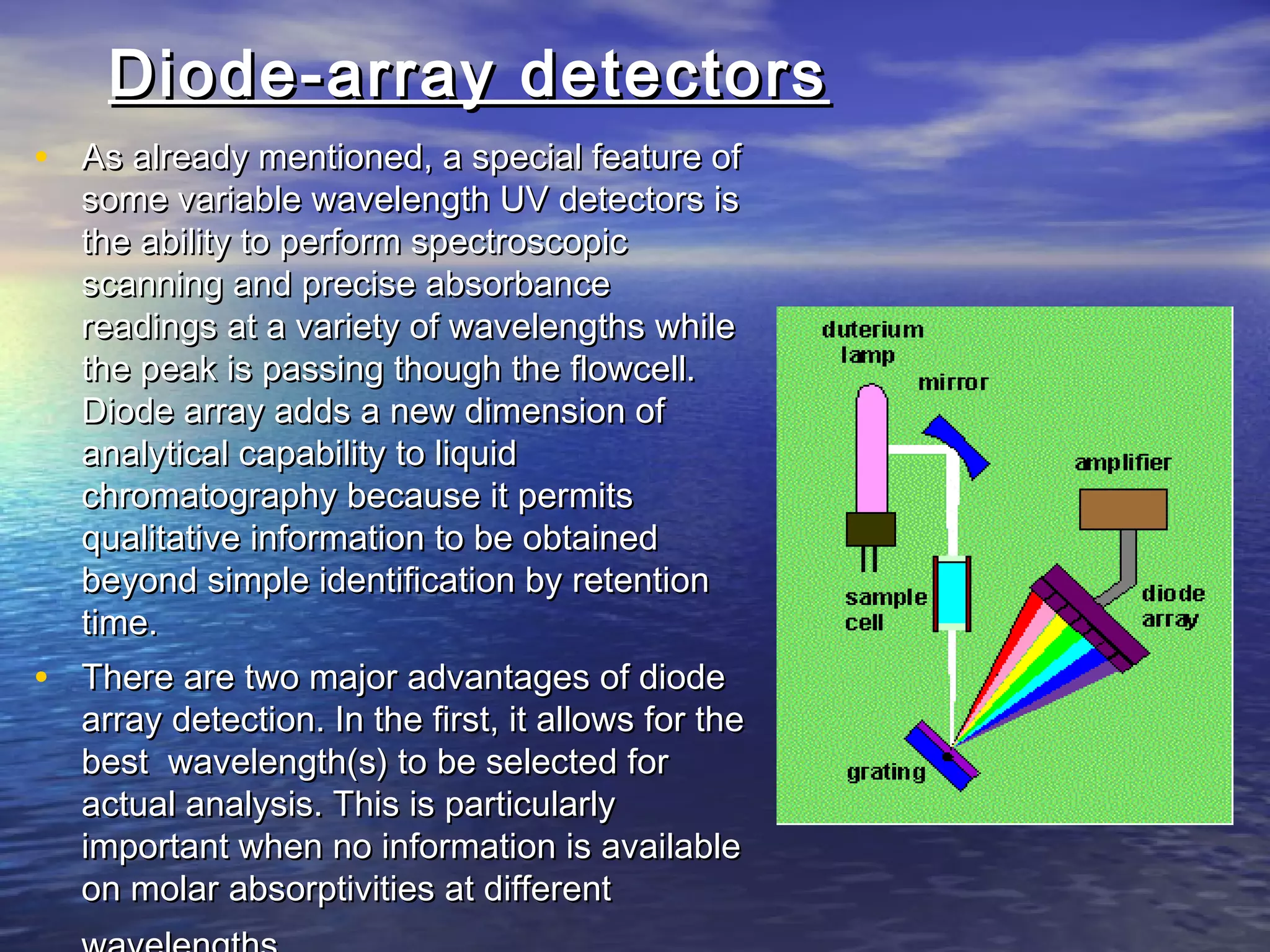 Diode-array detectorsDiode-array detectors
• As already mentioned, a special feature ofAs already mentioned, a special feature of
some variable wavelength UV detectors issome variable wavelength UV detectors is
the ability to perform spectroscopicthe ability to perform spectroscopic
scanning and precise absorbancescanning and precise absorbance
readings at a variety of wavelengths whilereadings at a variety of wavelengths while
the peak is passing though the flowcell.the peak is passing though the flowcell.
Diode array adds a new dimension ofDiode array adds a new dimension of
analytical capability to liquidanalytical capability to liquid
chromatography because it permitschromatography because it permits
qualitative information to be obtainedqualitative information to be obtained
beyond simple identification by retentionbeyond simple identification by retention
time.time.
• There are two major advantages of diodeThere are two major advantages of diode
array detection. In the first, it allows for thearray detection. In the first, it allows for the
best wavelength(s) to be selected forbest wavelength(s) to be selected for
actual analysis. This is particularlyactual analysis. This is particularly
important when no information is availableimportant when no information is available
on molar absorptivities at differenton molar absorptivities at different
 