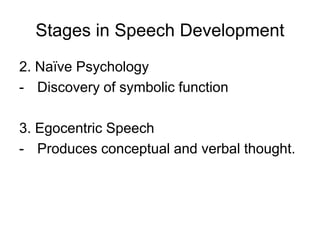 Stages in Speech Development
2. Naïve Psychology
- Discovery of symbolic function
3. Egocentric Speech
- Produces conceptual and verbal thought.
 