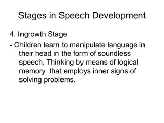 Stages in Speech Development
4. Ingrowth Stage
- Children learn to manipulate language in
their head in the form of soundless
speech, Thinking by means of logical
memory that employs inner signs of
solving problems.
 