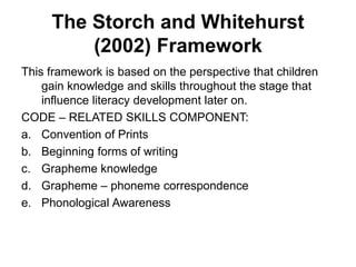 The Storch and Whitehurst
(2002) Framework
This framework is based on the perspective that children
gain knowledge and skills throughout the stage that
influence literacy development later on.
CODE – RELATED SKILLS COMPONENT:
a. Convention of Prints
b. Beginning forms of writing
c. Grapheme knowledge
d. Grapheme – phoneme correspondence
e. Phonological Awareness
 