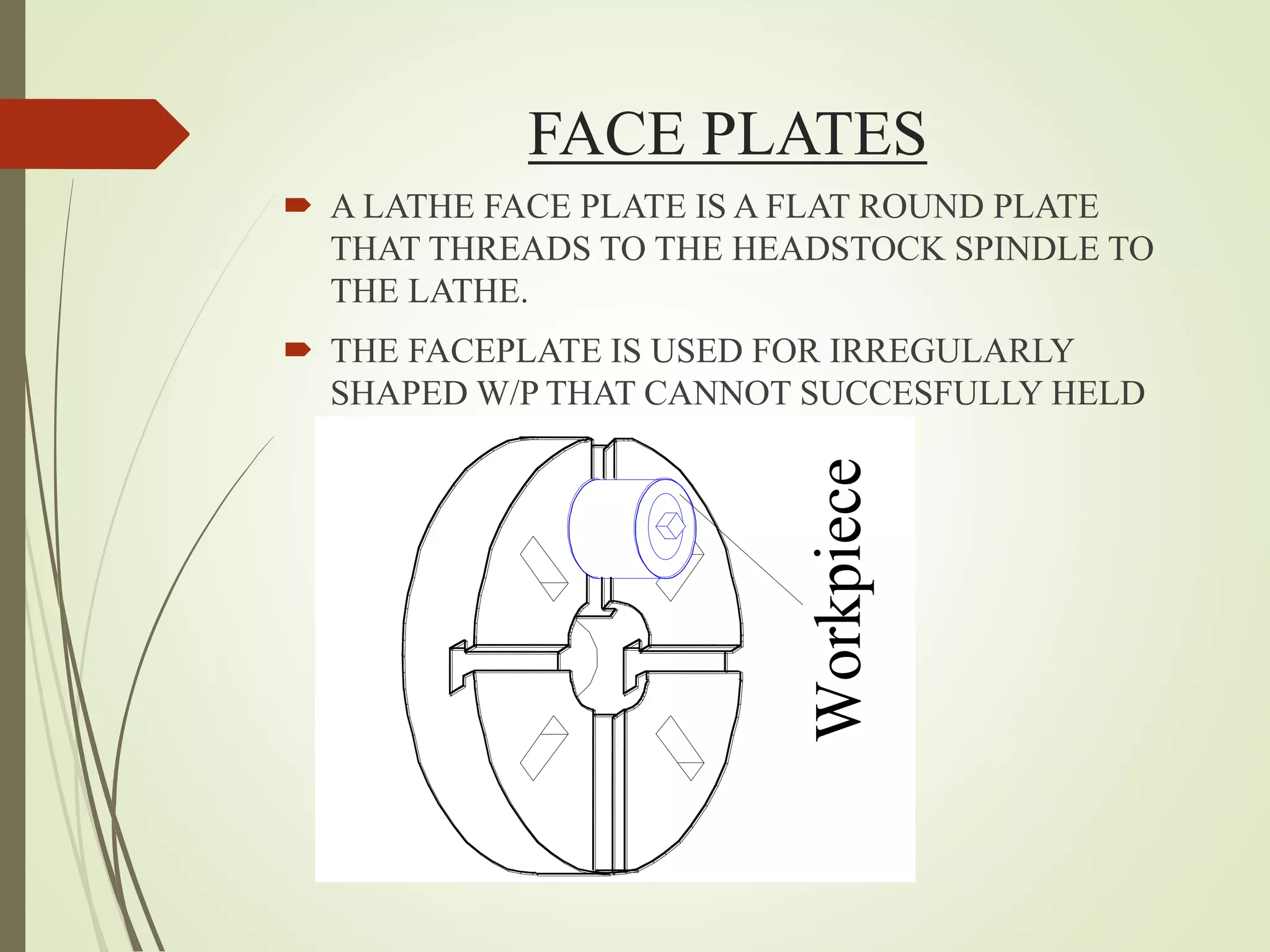 FACE PLATES
 A LATHE FACE PLATE IS A FLAT ROUND PLATE
THAT THREADS TO THE HEADSTOCK SPINDLE TO
THE LATHE.
 THE FACEPLATE IS USED FOR IRREGULARLY
SHAPED W/P THAT CANNOT SUCCESFULLY HELD
BY CHUCKS.
Workpiece
 
