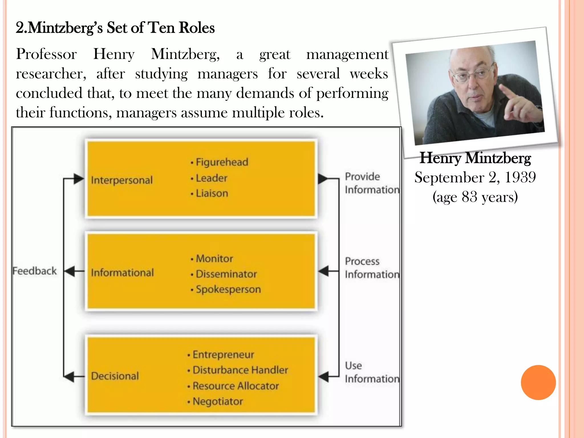 2.Mintzberg’s Set of Ten Roles
Professor Henry Mintzberg, a great management
researcher, after studying managers for several weeks
concluded that, to meet the many demands of performing
their functions, managers assume multiple roles.
Henry Mintzberg
September 2, 1939
(age 83 years)
 