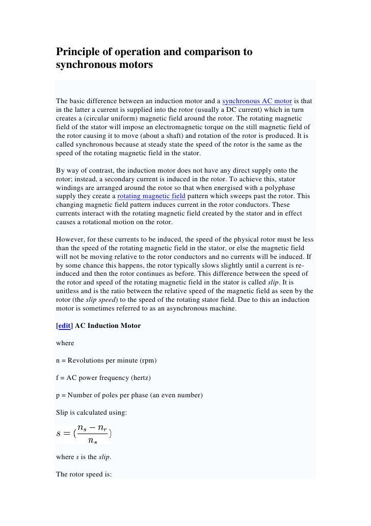 Principle Of Operation And Comparison To Synchronous Motors