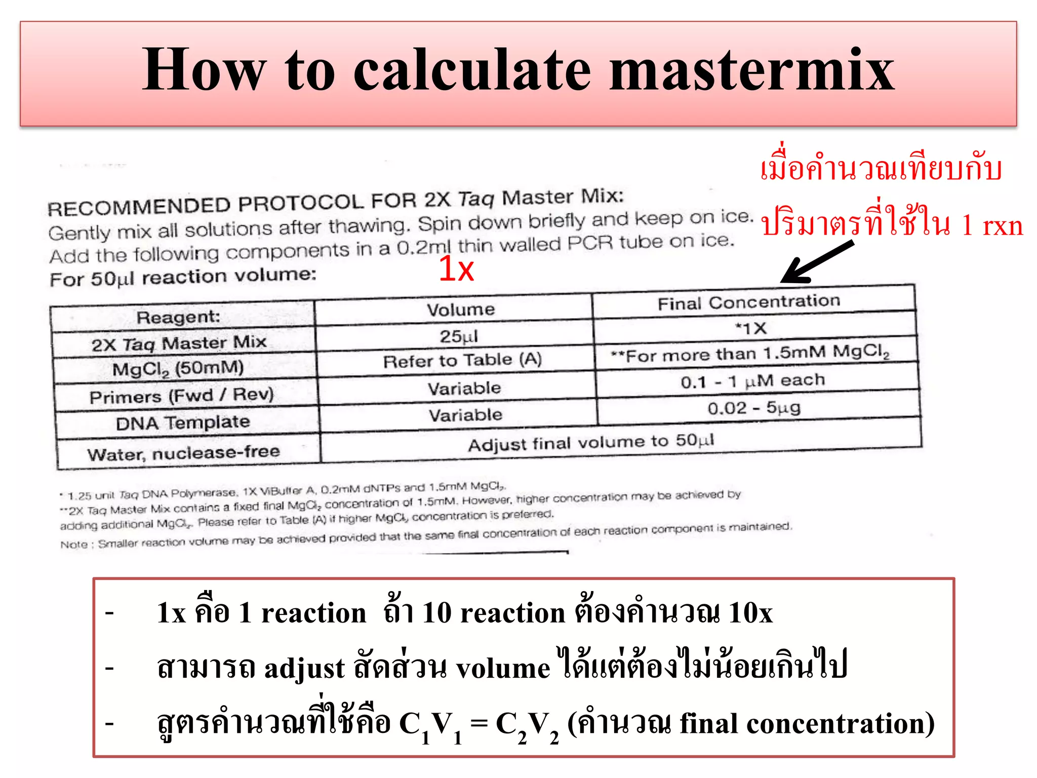 How to calculate mastermix 
1x 
เมื่อคานวณเทียบกับ 
ปริมาตรที่ใช้ใน 1 rxn 
-1x คือ 1 reaction ถ้ำ 10 reaction ต้องคำนวณ 10x 
-สำมำรถ adjust สัดส่วน volume ได้แต่ต้องไม่น้อยเกินไป 
-สูตรคำนวณที่ใช้คือ C1V1 = C2V2 (คำนวณ final concentration)  