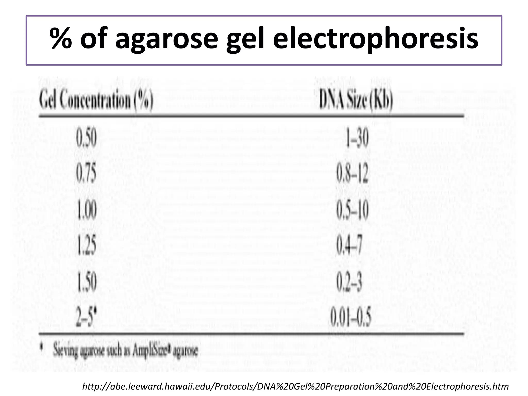 % of agarose gel electrophoresis 
http://abe.leeward.hawaii.edu/Protocols/DNA%20Gel%20Preparation%20and%20Electrophoresis.htm  