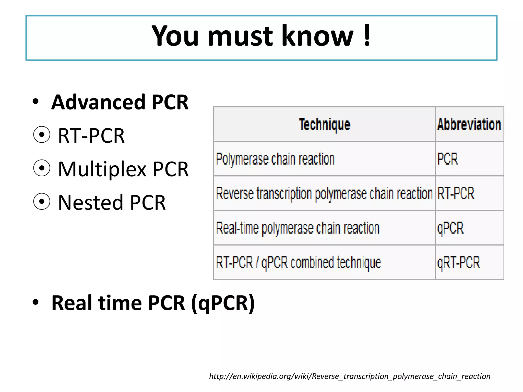 You must know ! 
•Advanced PCR 
 RT-PCR 
 Multiplex PCR 
 Nested PCR 
•Real time PCR (qPCR) 
http://en.wikipedia.org/wiki/Reverse_transcription_polymerase_chain_reaction  