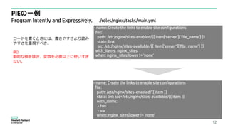 PIEの一例
Program Intently and Expressively.
12
- name: Create the links to enable site configurations
file:
path: /etc/nginx/sites-enabled/{{ item['server']['file_name'] }}
state: link
src: /etc/nginx/sites-available/{{ item['server']['file_name'] }}
with_items: nginx_sites
when: nginx_sites|lower != 'none'
コードを書くときには、書きやすさより読み
やすさを重視すべき。
例）
動的な値を除き、変数を必要以上に使いすぎ
ない。
./roles/nginx/tasks/main.yml
- name: Create the links to enable site configurations
file:
path: /etc/nginx/sites-enabled/{{ item }}
state: link src=/etc/nginx/sites-available/{{ item }}
with_items:
- foo
- var
when: nginx_sites|lower != 'none'
 