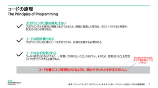 コードの原理
The Principles of Programming
9参照: プリンシプル オブ プログラミング3年目までに身につけたい一生役立つ101の原理原則
プログラミングに銀の弾丸はない
プログラミングは本質的に複雑なものであるため、課題に直面した場合は、そのコードができた背景や、
歴史から追う必要がある。
コードは設計書である
プログラミングとは仕様のコード化だけではなく、仕様を改善する必要がある。
コードは必ず変更される
コードは修正されるものであり、一度書いて終わりということはほぼない。そのため、変更されることを想定
してプログラミングする必要がある。
コードを書くことに時間をかけるよりも、読みやすいものを作る方がいい。
AnsibleのSimpleと
言う特徴を損ねては
いけない
 