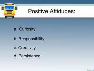 Positive Attidudes:

a. Curiosity

b. Responsibility

c. Creativity
d. Persistence
 