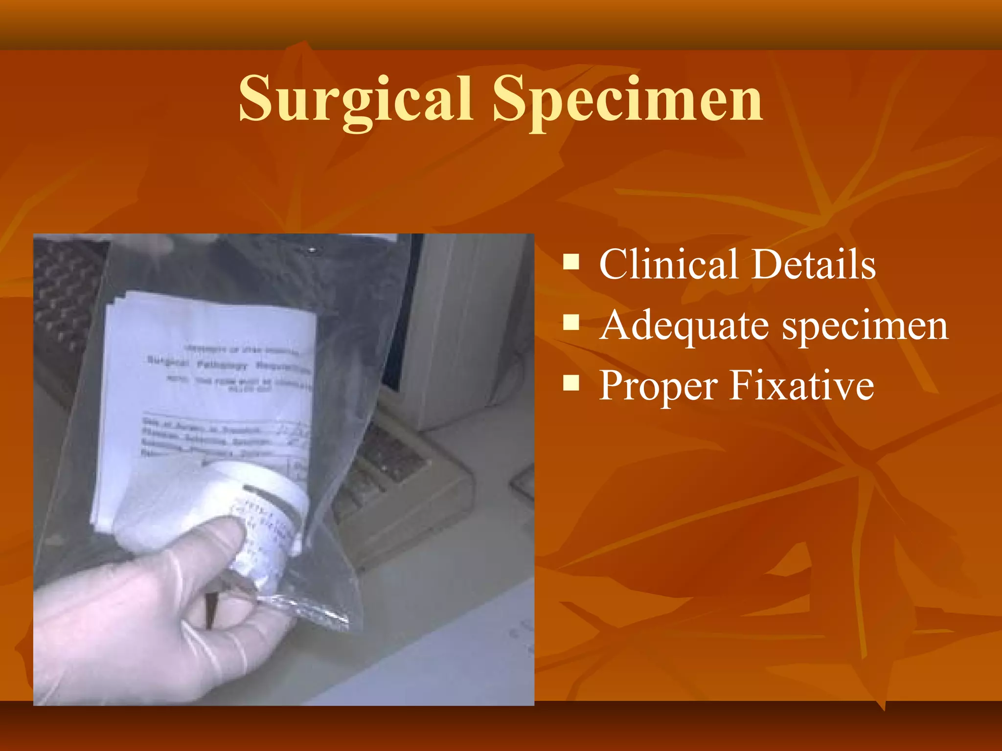 Surgical Specimen
 Clinical Details
 Adequate specimen
 Proper Fixative
 
