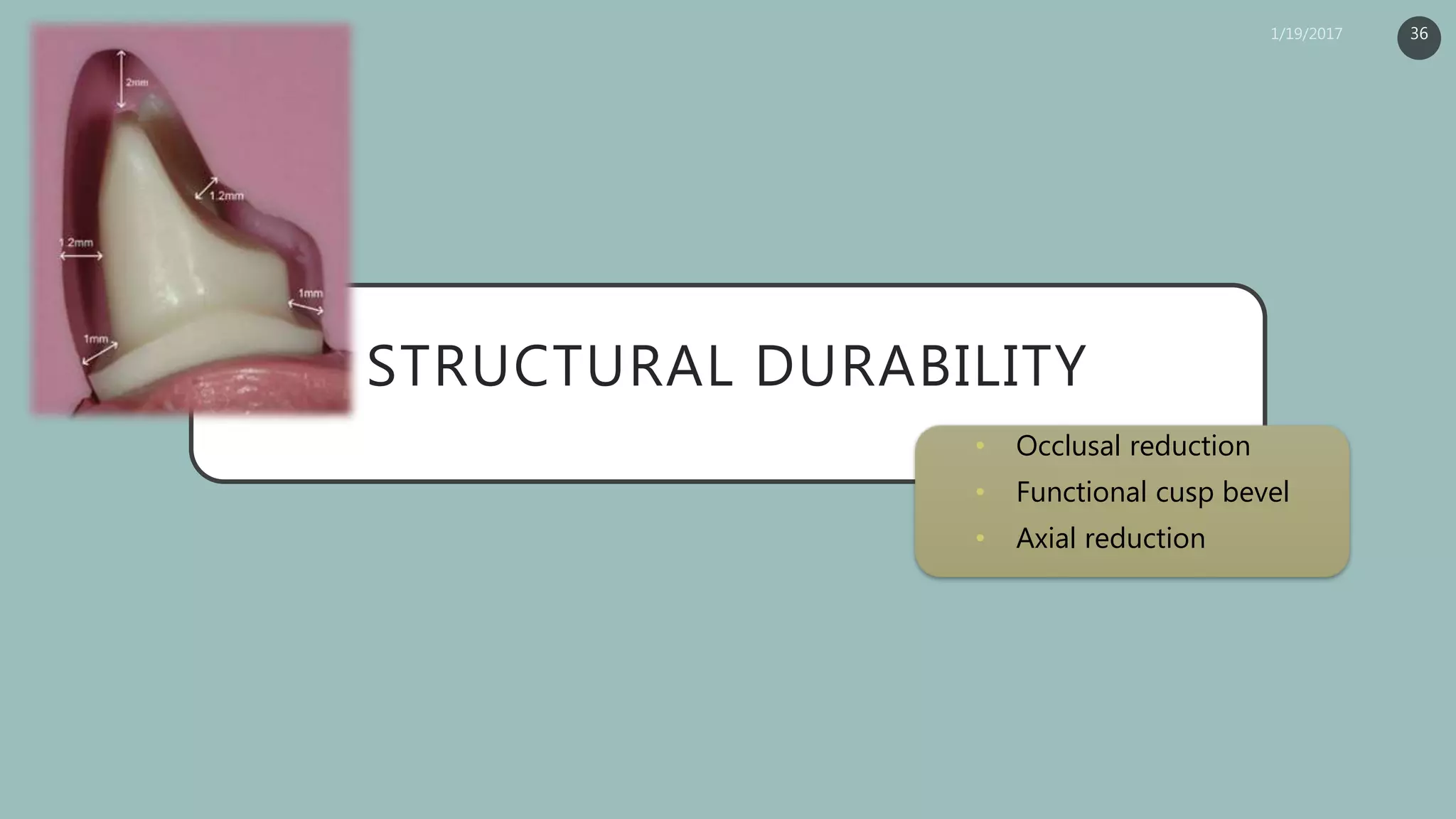 STRUCTURAL DURABILITY
• Occlusal reduction
• Functional cusp bevel
• Axial reduction
36
 
