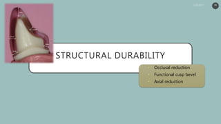 STRUCTURAL DURABILITY
• Occlusal reduction
• Functional cusp bevel
• Axial reduction
36
 