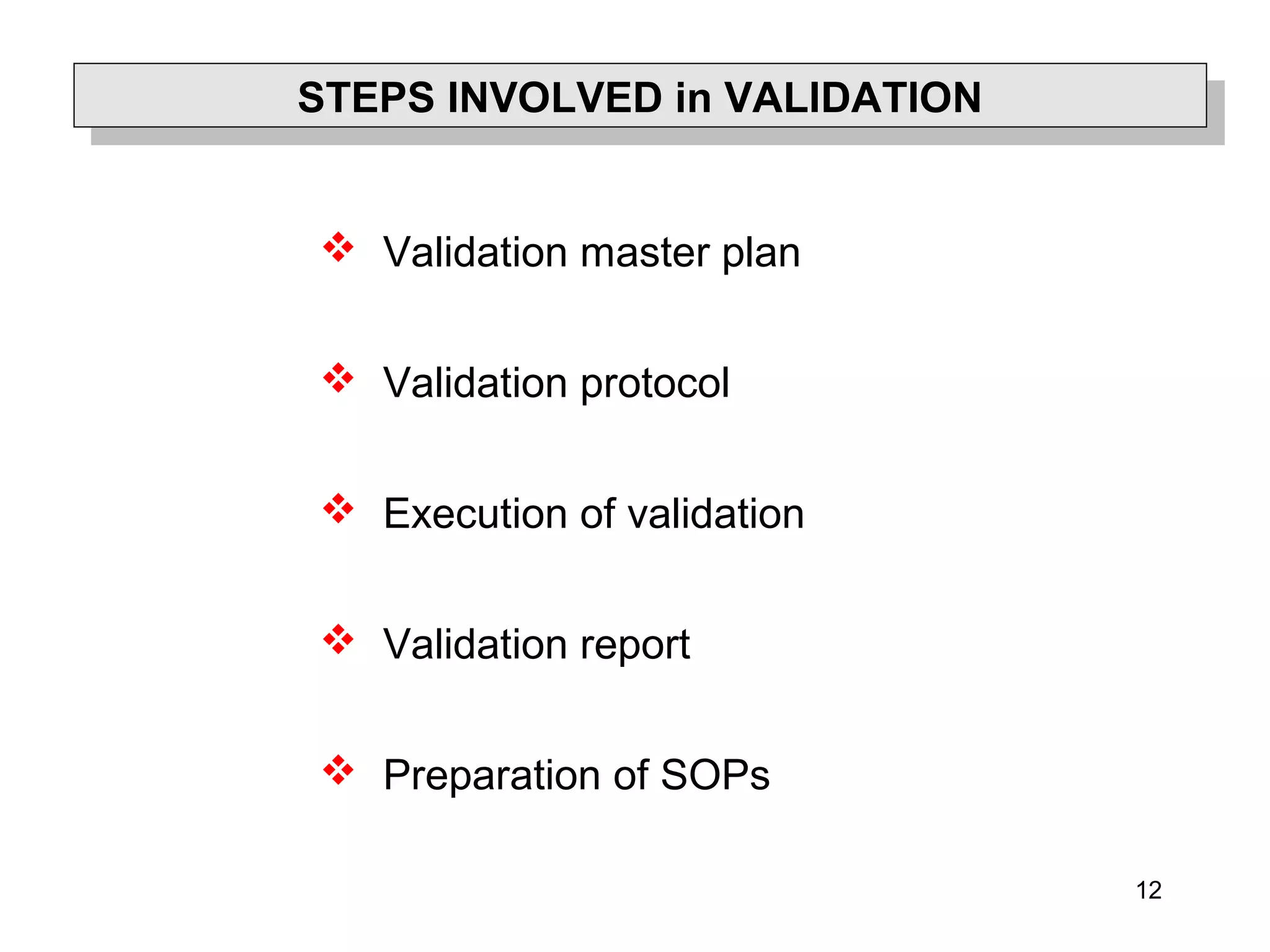 12
STEPS INVOLVED in VALIDATIONSTEPS INVOLVED in VALIDATION
 Validation master plan
 Validation protocol
 Execution of validation
 Validation report
 Preparation of SOPs
 