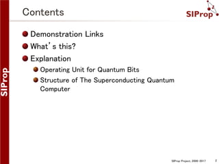 SIProp Project, 2006-2017 2
Contents
Demonstration Links
What’s this?
Explanation
Operating Unit for Quantum Bits
Structure of The Superconducting Quantum
Computer
 