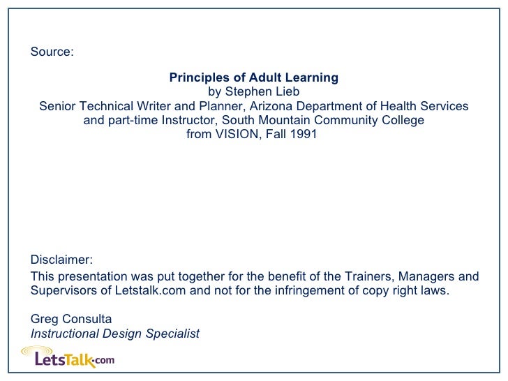 Essay on the principles of adult learning