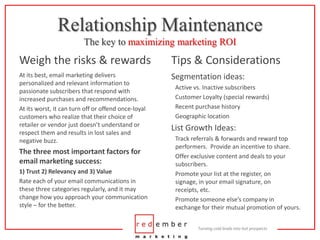 Relationship MaintenanceThe key to maximizing marketing ROI<br />Weigh the risks & rewards<br />Tips & Considerations<br /...