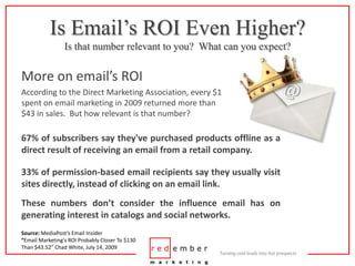 Is Email’s ROI Even Higher?Is that number relevant to you?  What can you expect?More on email’s ROIAccording to the Direct Marketing Association, every $1 spent on email marketing in 2009 returned more than $43 in sales.  But how relevant is that number?67% of subscribers say they've purchased products offline as a direct result of receiving an email from a retail company.33% of permission-based email recipients say they usually visit sites directly, instead of clicking on an email link.These numbers don’t consider the influence email has on generating interest in catalogs and social networks.Source: MediaPost’s Email Insider“Email Marketing's ROI Probably Closer To $130 Than $43.52” Chad White, July 14, 2009