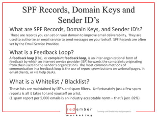 SPF Records, Domain Keys and Sender ID’sWhat are SPF Records, Domain Keys, and Sender ID’s? These are records you can set on your domain to improve email deliverability.  They are used to authorize an email service to send messages on your behalf.  SPF Records are often set by the Email Service Provider.What is a Feedback Loop?A feedback loop (FBL), or complaint feedback loop, is an inter-organizational form of feedback by which an internet service provider (ISP) forwards the complaints originating from their users to the sender's organizations. The most common methods of communication in a feedback loop is the use of report spam buttons on webmail pages, in email clients, or via help desks.What is a Whitelist / Blacklist?These lists are maintained by ISP’s and spam filters.  Unfortunately just a few spam reports is all it takes to land yourself on a list.(1 spam report per 5,000 emails is an industry acceptable norm – that’s just .02%)