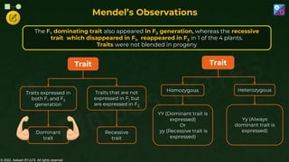 © 2022, Aakash BYJU'S. All rights reserved
Mendel’s Observations
The F1 dominating trait also appeared in F2 generation, whereas the recessive
trait which disappeared in F1, reappeared in F2 in 1 of the 4 plants.
Traits were not blended in progeny
Dominant
trait
Recessive
trait
Trait
Traits expressed in
both F1 and F2
generation
Traits that are not
expressed in F1 but
are expressed in F2
YY (Dominant trait is
expressed)
Or
yy (Recessive trait is
expressed)
Yy (Always
dominant trait is
expressed)
Trait
Homozygous Heterozygous
 