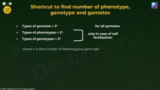 © 2022, Aakash BYJU'S. All rights reserved
Shortcut to find number of phenotype,
genotype and gametes
● Types of gametes = 2n for all gametes
● Types of phenotypes = 2n
● Types of genotypes = 3n
where n is the number of heterozygous gene pair
only in case of self
fertilisation
 