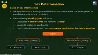 © 2022, Aakash BYJU'S. All rights reserved
Based on sex chromosomes
 Sex determination is a biological mechanism which determines the development of
sexual characteristics in an organism
 First studied by Henking (1891) in insects
o Discovered X chromosome and named it ‘X-body’
o Unable to explain its significance
o Lead to the development of the chromosomal mechanism of sex determination
Sex Determination
Types
Male heterogamety Female heterogamety
XX- XO type XX-XY type ZZ-ZW type
 
