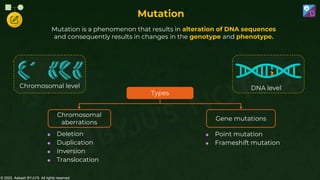 © 2022, Aakash BYJU'S. All rights reserved
Mutation
Mutation is a phenomenon that results in alteration of DNA sequences
and consequently results in changes in the genotype and phenotype.
 Deletion
 Duplication
 Inversion
 Translocation
 Point mutation
 Frameshift mutation
Chromosomal level DNA level
Types
Chromosomal
aberrations
Gene mutations
 