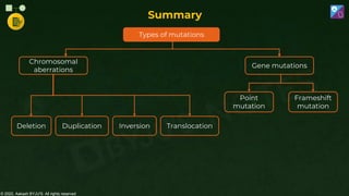© 2022, Aakash BYJU'S. All rights reserved
Summary
Types of mutations
Chromosomal
aberrations
Gene mutations
Deletion Inversion
Duplication Translocation
Point
mutation
Frameshift
mutation
 