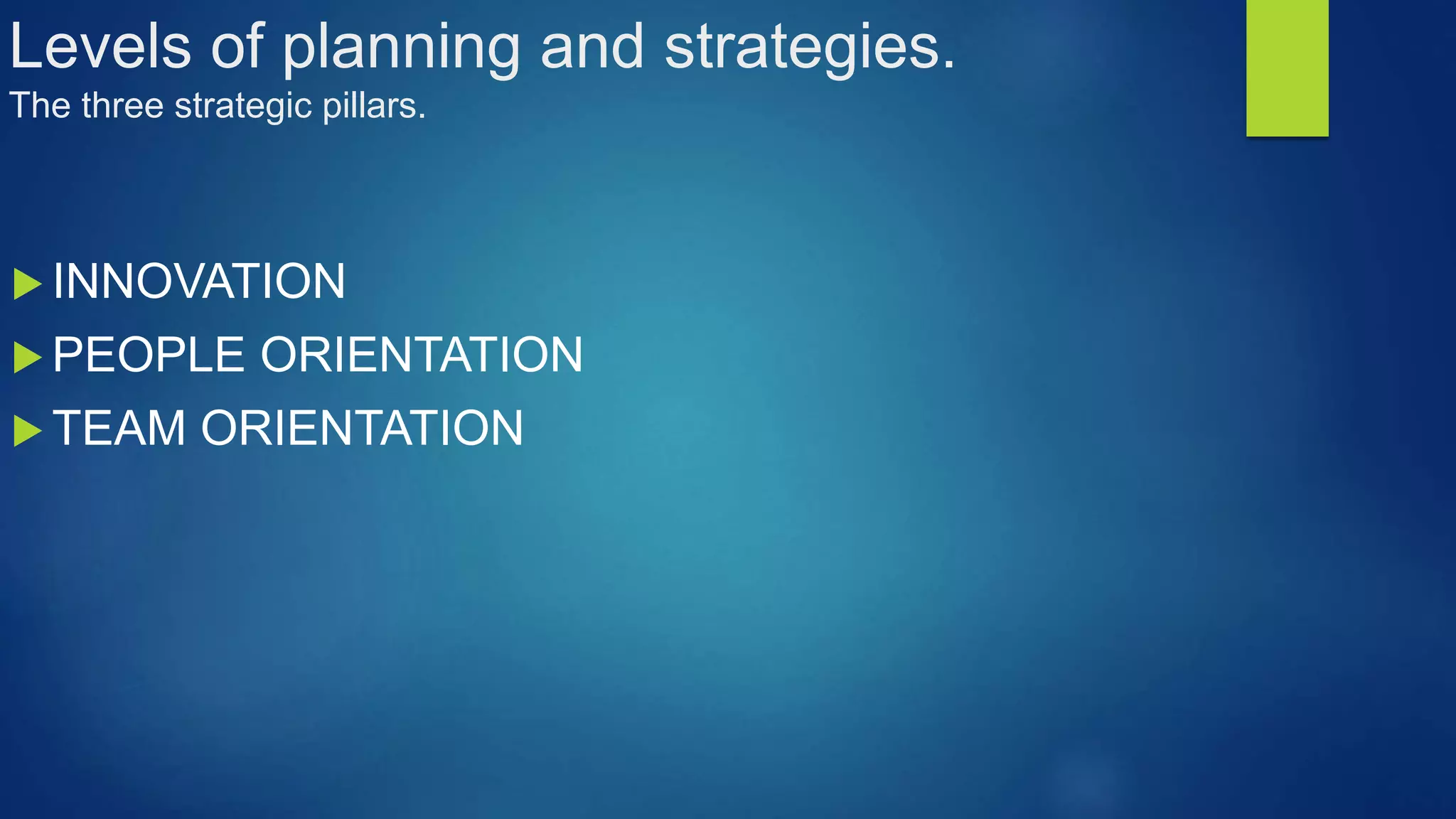 Levels of planning and strategies.
The three strategic pillars.
INNOVATION
PEOPLE ORIENTATION
TEAM ORIENTATION