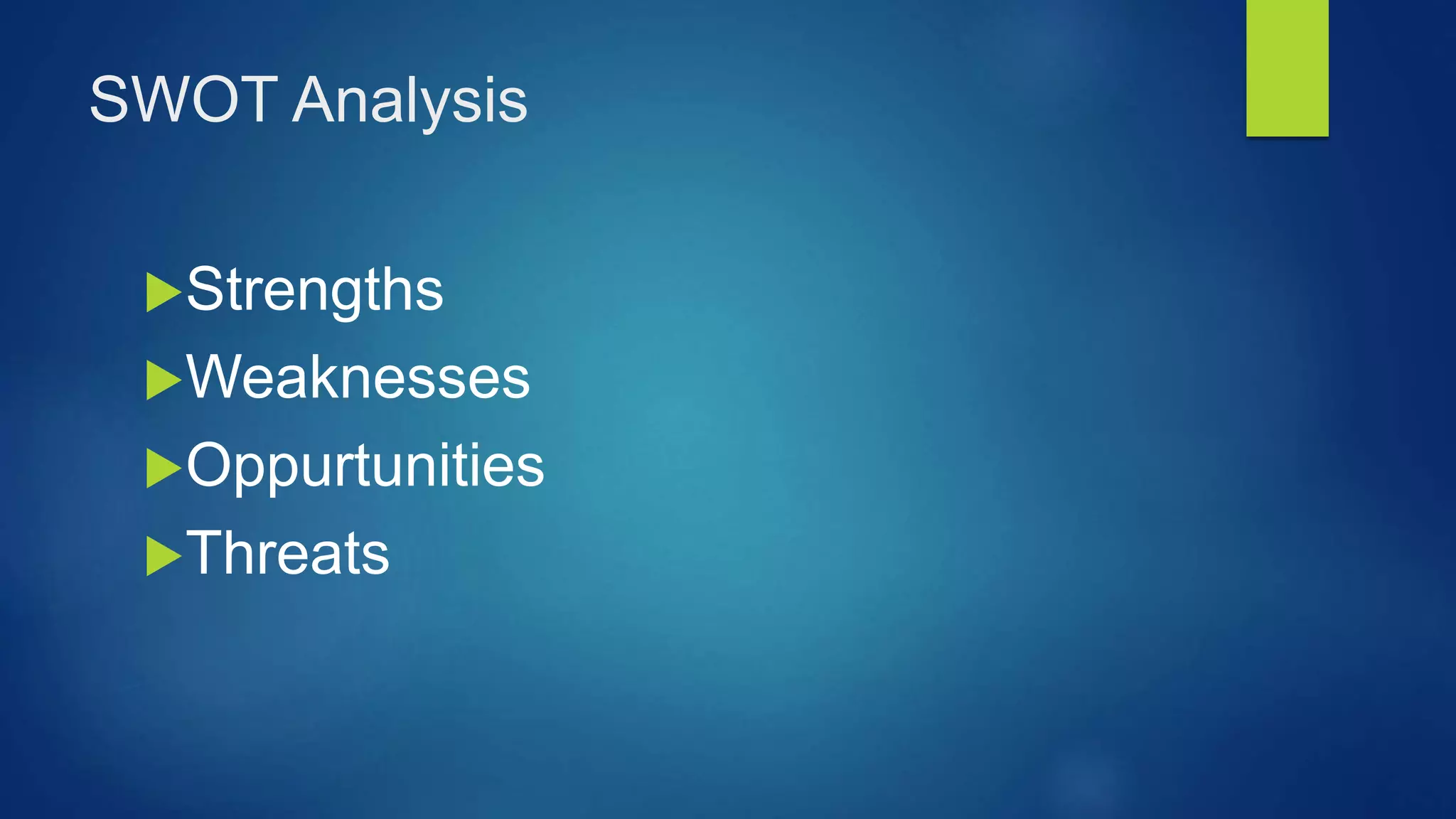 SWOT Analysis
Strengths
Weaknesses
Oppurtunities
Threats