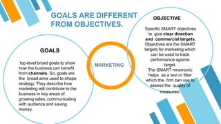 GOALS ARE DIFFERENT
FROM OBJECTIVES.
GOALS
top-level broad goals to show
how the business can benefit
from channels. So, goals are
the broad aims used to shape
strategy. They describe how
marketing will contribute to the
business in key areas of
growing sales, communicating
with audience and saving
money.
MARKETING
OBJECTIVE
Specific SMART objectives
to give clear direction
and commercial targets.
Objectives are the SMART
targets for marketing which
can be used to track
performance against
target.
The SMART mnemonic
helps as a test or filter
which the firm can use to
assess the quality of
measures.
 